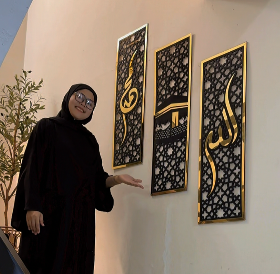 ✨ Allah (ﷻ) & Muhammad (ﷺ) with Kaaba Premium Acrylic Wall Art Set | 3 Panel Islamic Wall Décor | Gold & Black | 12" × 24" Each