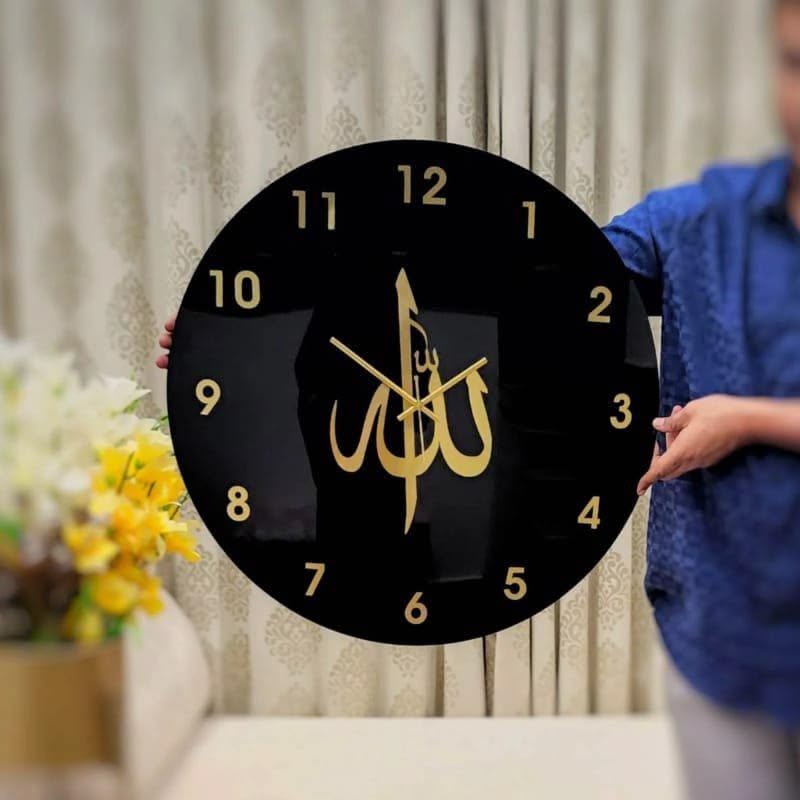Allah (ﷻ) Premium Acrylic Wall Clock | Black & Gold Mirror Islamic Wall Clock | Luxury Islamic Home Decor