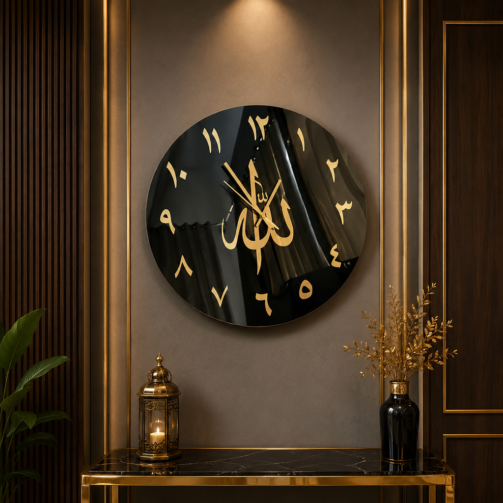 Allah (ﷻ) Premium Acrylic Wall Clock | Black & Gold Mirror Islamic Wall Clock | Luxury Islamic Home Decor