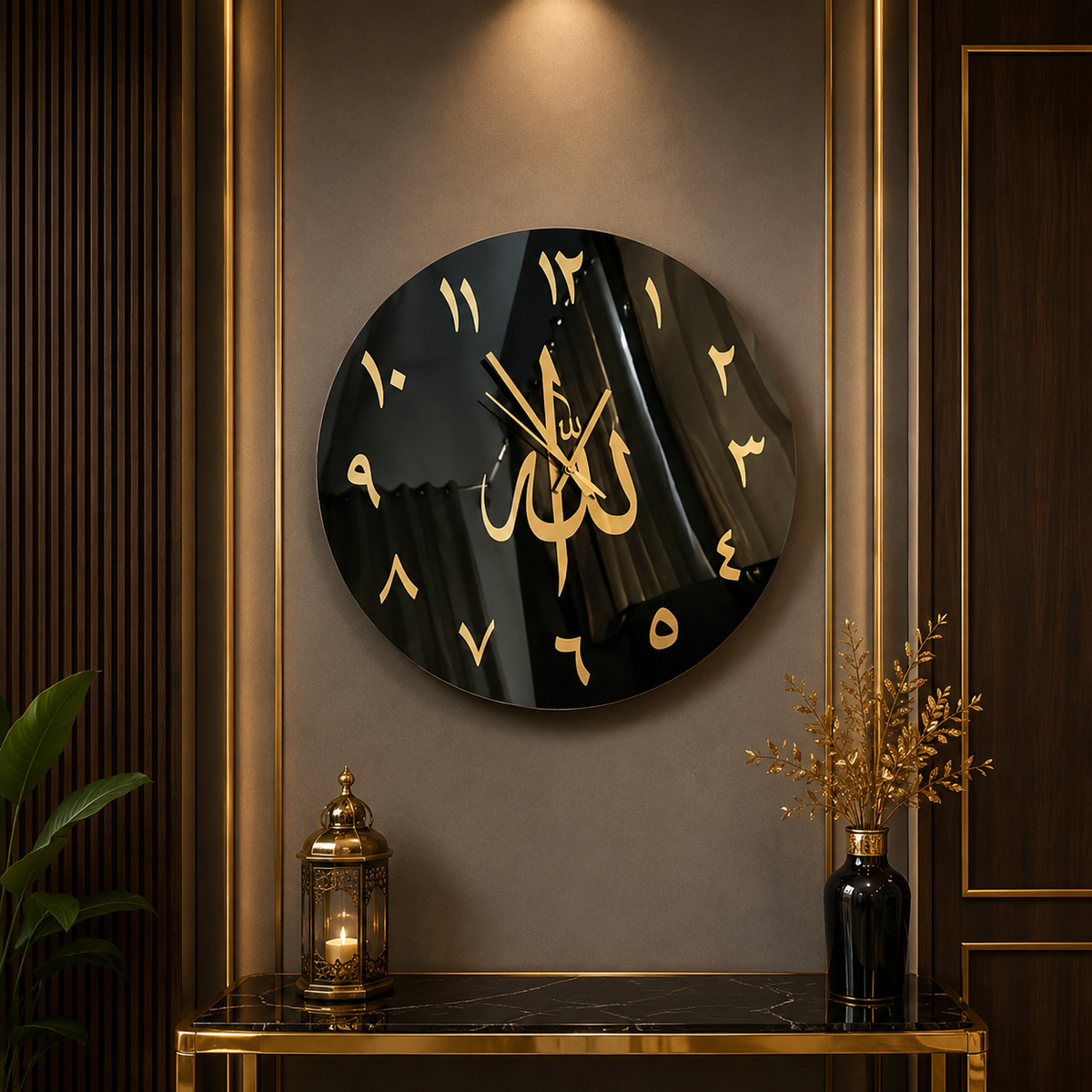 Allah (ﷻ) Premium Acrylic Wall Clock | Black & Gold Mirror Islamic Wall Clock | Luxury Islamic Home Decor